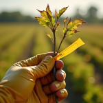 Main gantée tenant une mauvaise herbe fanée avec bande jaune