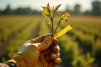 Main gantée tenant une mauvaise herbe fanée avec bande jaune
