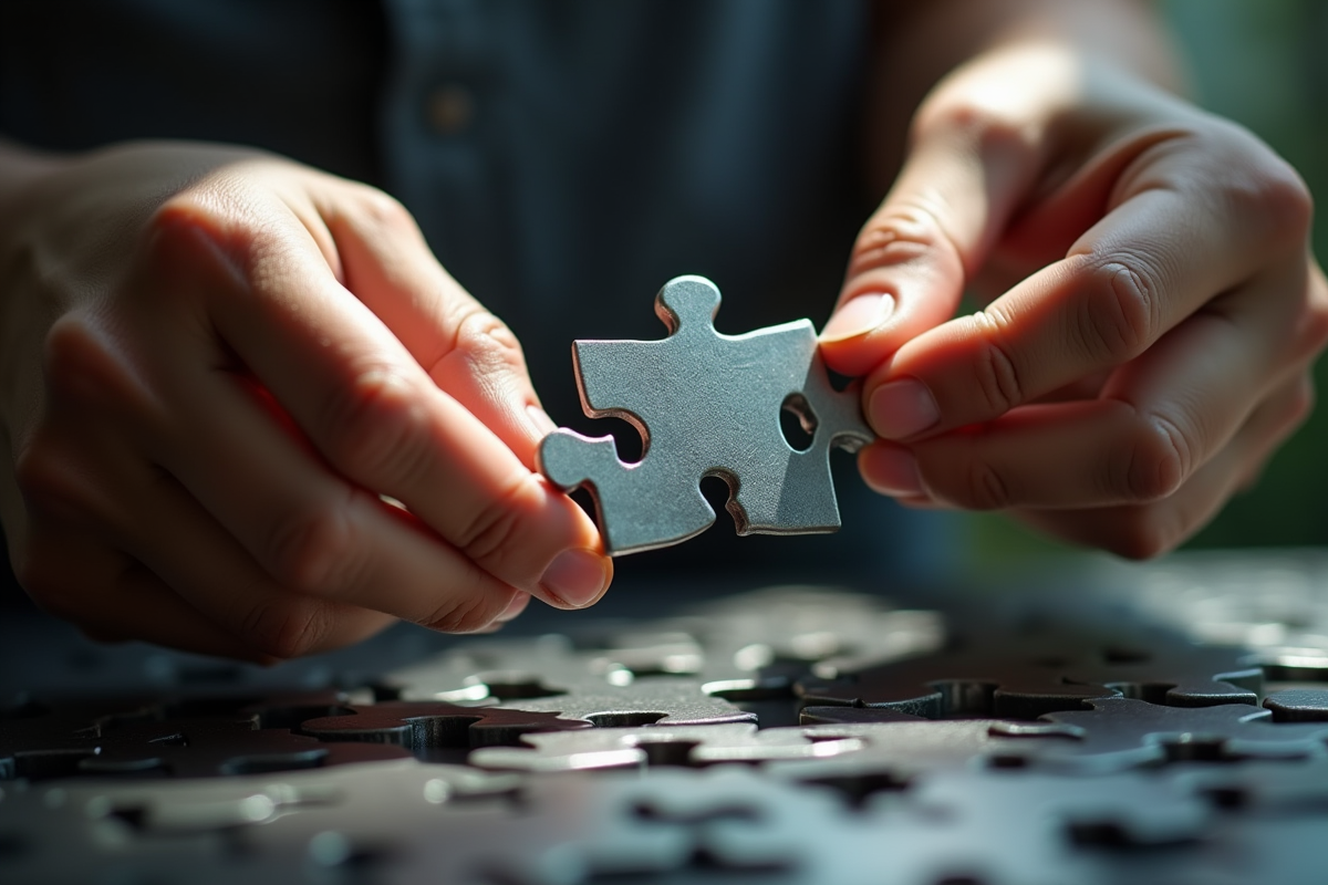 Mains tenant un puzzle métallique détaillé en gros plan