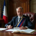 Maire français en écharpe tricolore examinant des documents officiels sur la rémunération des élus dans son bureau de mairie