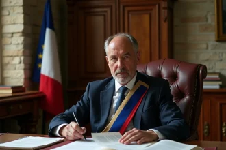 Maire français en écharpe tricolore examinant des documents officiels sur la rémunération des élus dans son bureau de mairie
