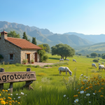 Ferme traditionnelle de Menorca entourée de champs verts et moutons
