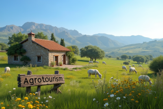 Ferme traditionnelle de Menorca entourée de champs verts et moutons