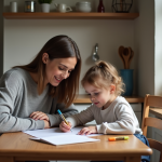 Femme aidant sa fille à faire ses devoirs à la maison