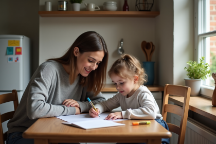 Femme aidant sa fille à faire ses devoirs à la maison