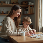 Maman et son enfant de 6 ans jouent au puzzle dans la cuisine