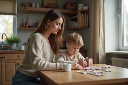 Maman et son enfant de 6 ans jouent au puzzle dans la cuisine