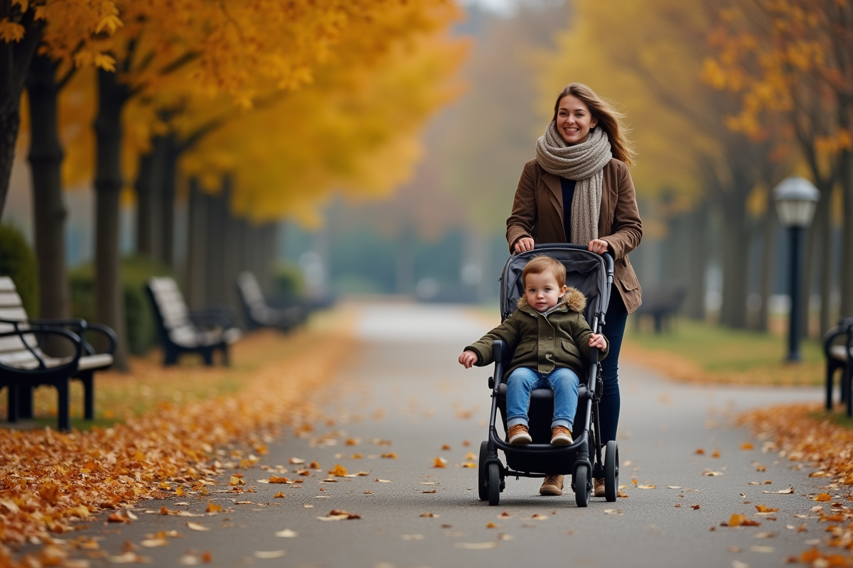 Mère poussant une poussette dans un parc automnal
