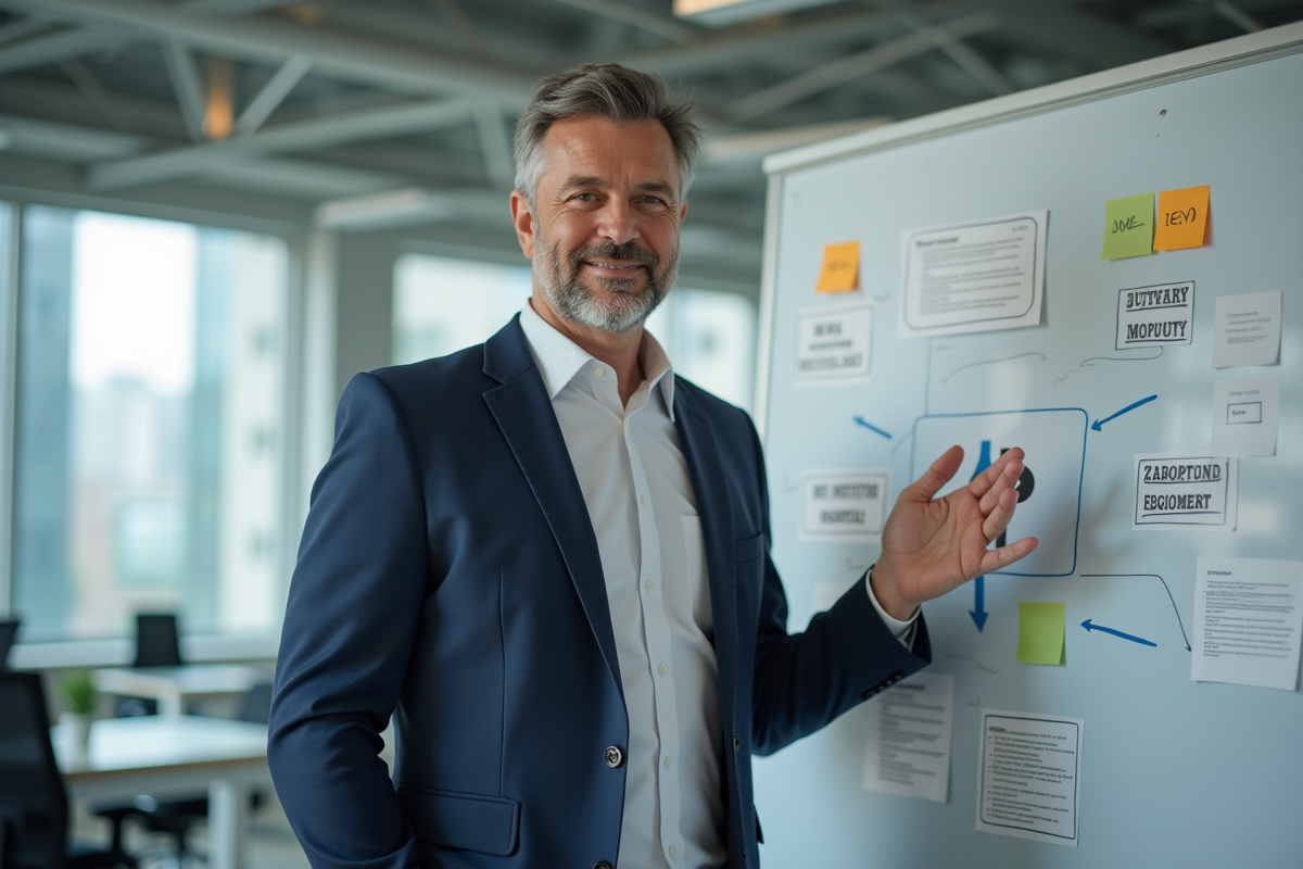 Manager marketing expliquant des diagrammes devant un tableau blanc