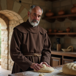 Moine catholique en train de préparer du pain dans une cuisine monastique