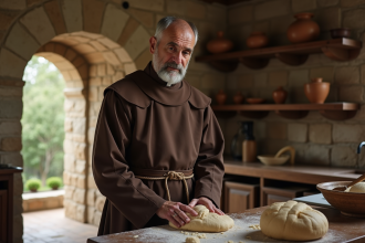 Moine catholique en train de préparer du pain dans une cuisine monastique