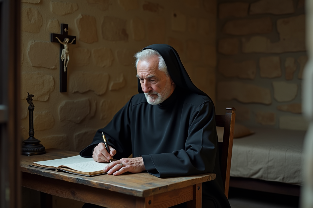 Moine âgé écrivant dans un registre dans sa cellule simple