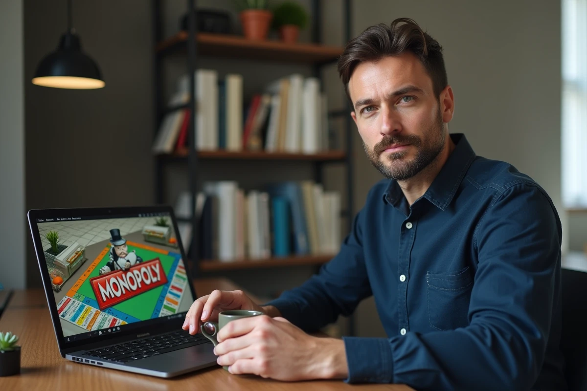 Homme jouant au Monopoly en ligne gratuitement sur son ordinateur portable depuis son bureau à domicile