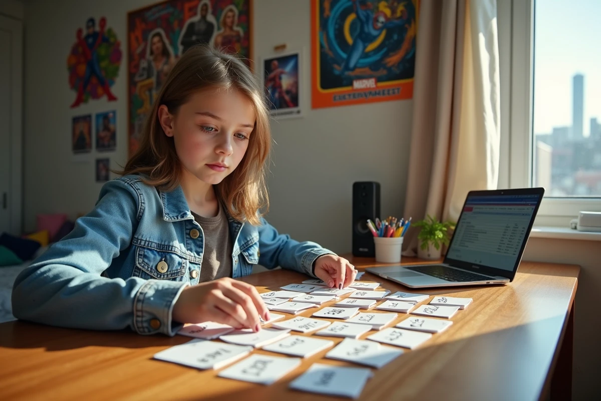Fille organisée ses films Marvel sur un bureau ensoleille