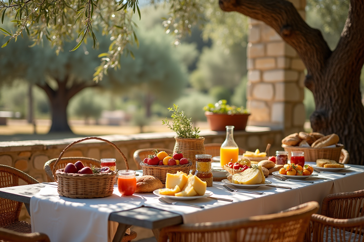 Petit déjeuner en plein air avec fruits et pain sur une ferme de Menorca