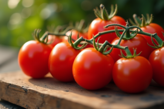 Tas de tomates cerises fraîches sur une table en bois