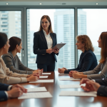 Femme professionnelle discutant avec résidents dans une salle moderne