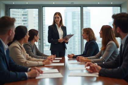 Femme professionnelle discutant avec résidents dans une salle moderne