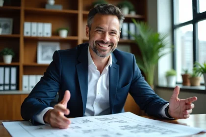 Promoteur immobilier souriant dans son bureau moderne