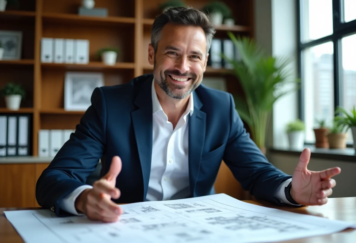 Promoteur immobilier souriant dans son bureau moderne