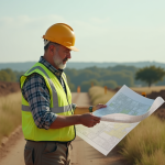 Prospecteur terrain avec carte sur site rural