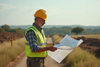 Prospecteur terrain avec carte sur site rural
