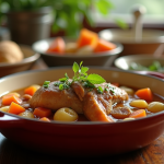 Ragoût de lapin gourmet dans un plat rustique