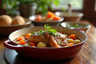 Ragoût de lapin gourmet dans un plat rustique