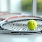 Plusieurs raquettes de tennis alignées sur un plateau blanc