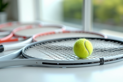 Plusieurs raquettes de tennis alignées sur un plateau blanc