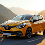 Renault Clio 2 RS sur une route de montagne ensoleillée