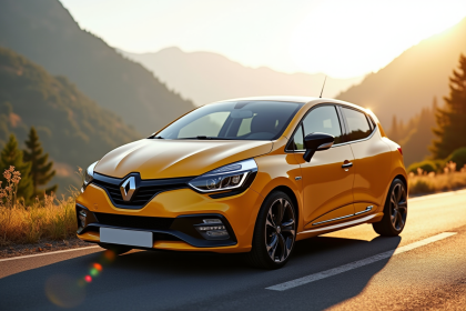 Renault Clio 2 RS sur une route de montagne ensoleillée