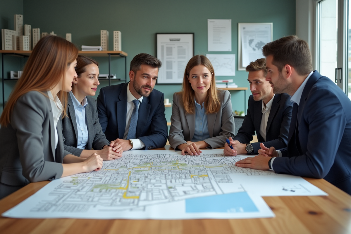 Groupe d'adultes discutant autour d'une carte urbaine