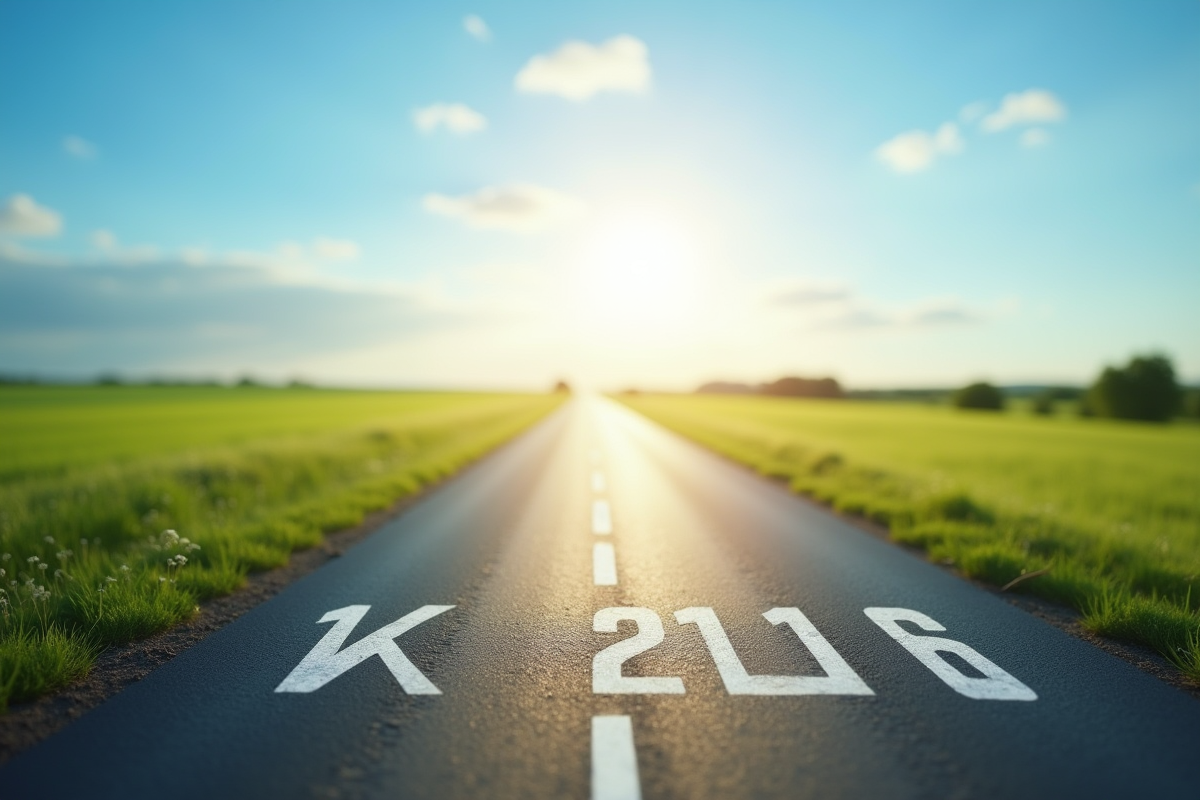 Route rurale en Europe avec marquage en kilomètres et champs verts