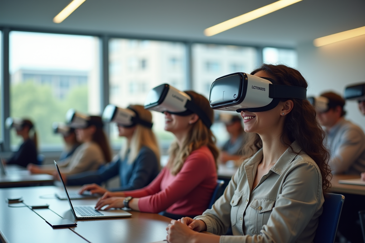 Étudiants en classe avec casques de réalité virtuelle