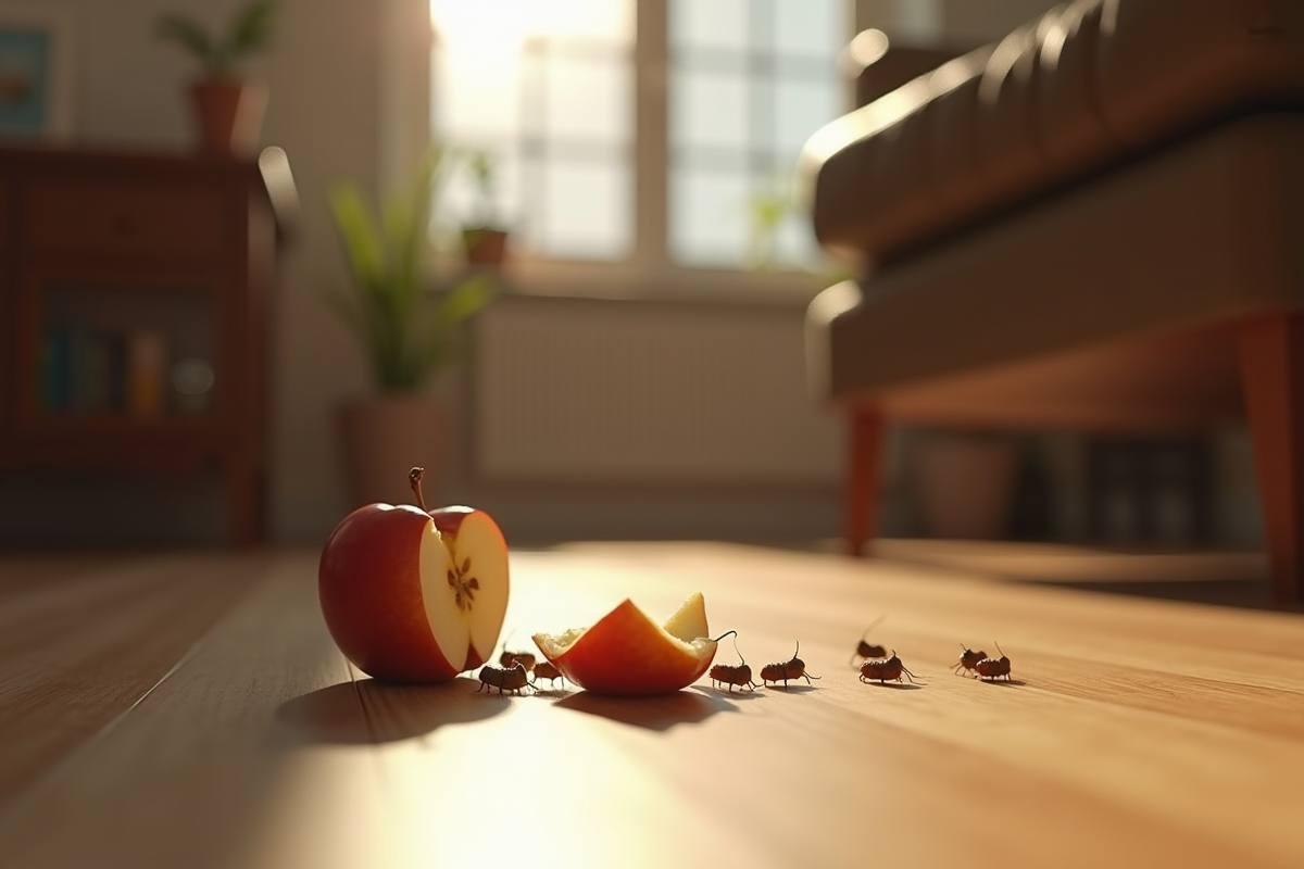 Pièce de salon moderne avec un noyau de pomme sous une chaise et des asticots
