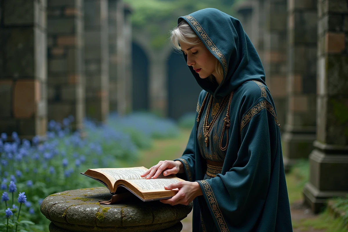 Femme médium dans des ruines avec un livre ancien