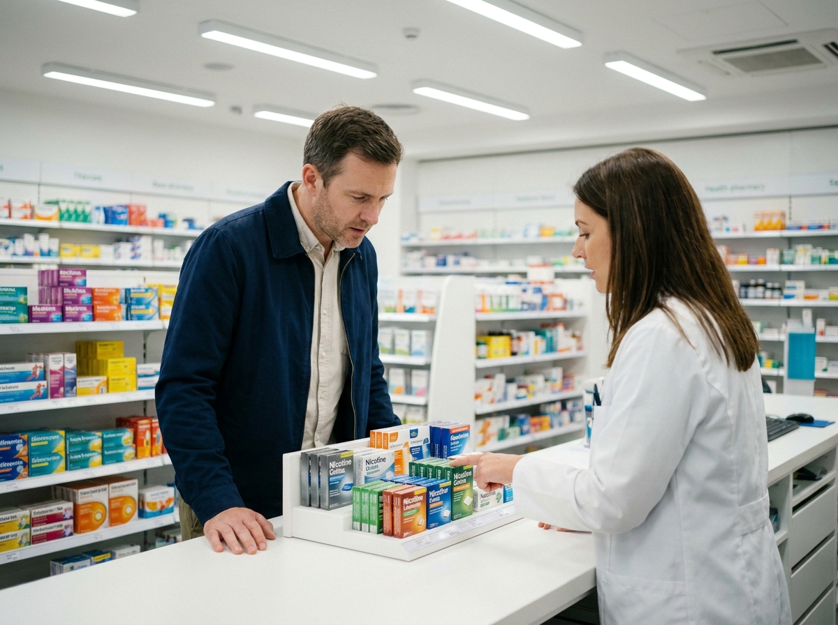 Homme en pharmacie discutant des substituts nicotiniques avec une pharmacienne pour arrêter de fumer