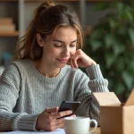 Femme consultant le numéro de suivi DPD sur son smartphone depuis son bureau à domicile