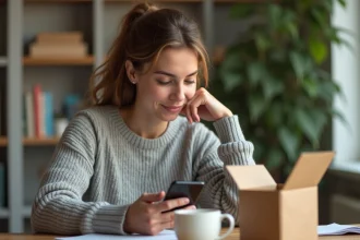 Femme consultant le numéro de suivi DPD sur son smartphone depuis son bureau à domicile