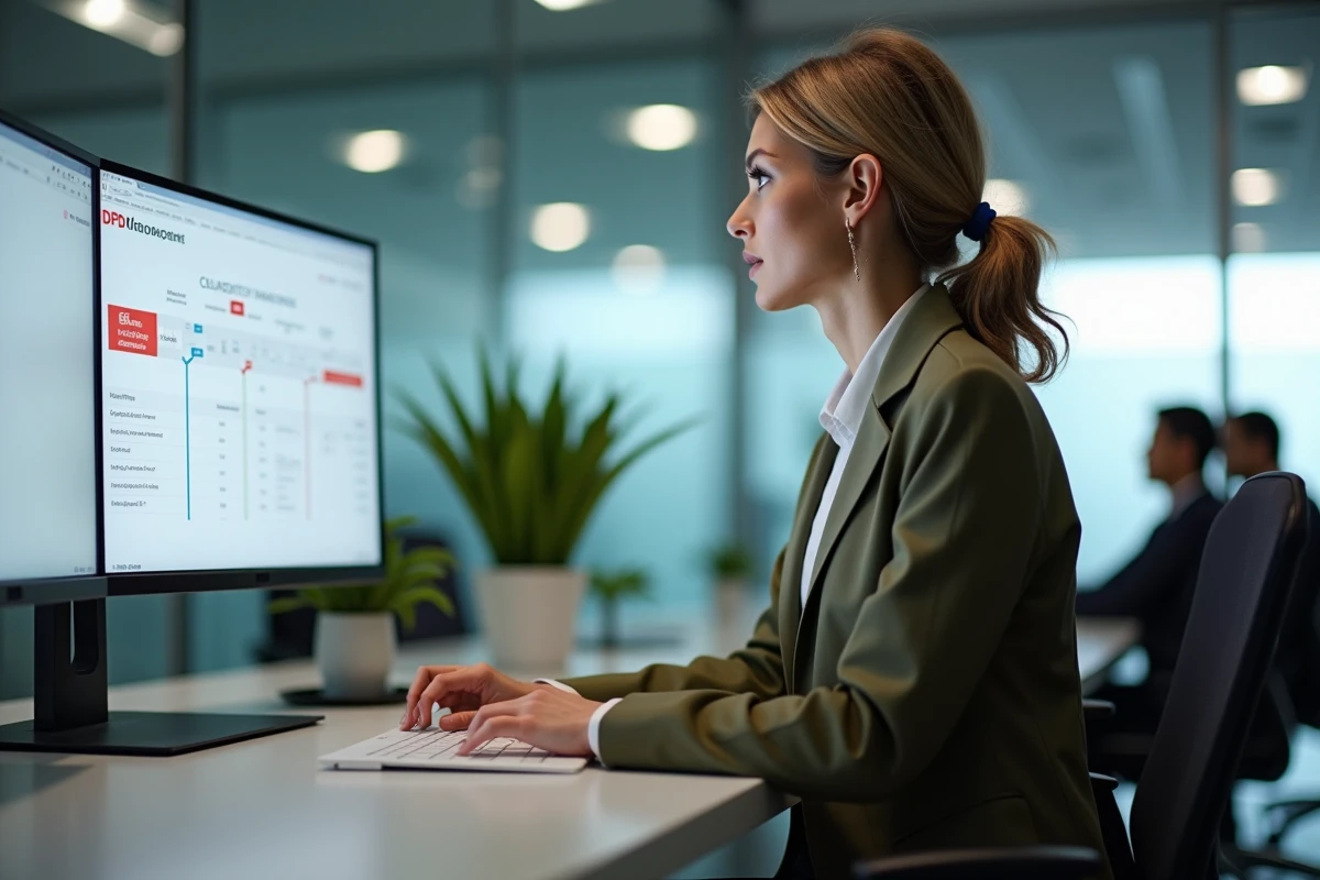 Femme professionnelle suivant les étapes de livraison DPD sur un ordinateur de bureau au bureau