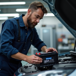 Technicien en overalls installant une batterie AGM dans une voiture