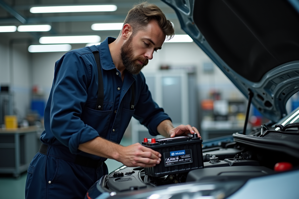 Technicien en overalls installant une batterie AGM dans une voiture