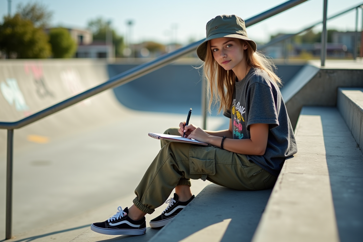 Jeune fille dessinant dans un skatepark en plein air