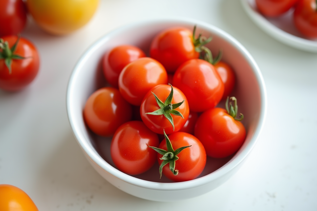Une main tenant des tomates cerises dans un bol blanc en cuisine