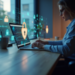 Personne travaillant à un bureau moderne avec icônes de protection des données