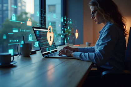 Personne travaillant à un bureau moderne avec icônes de protection des données