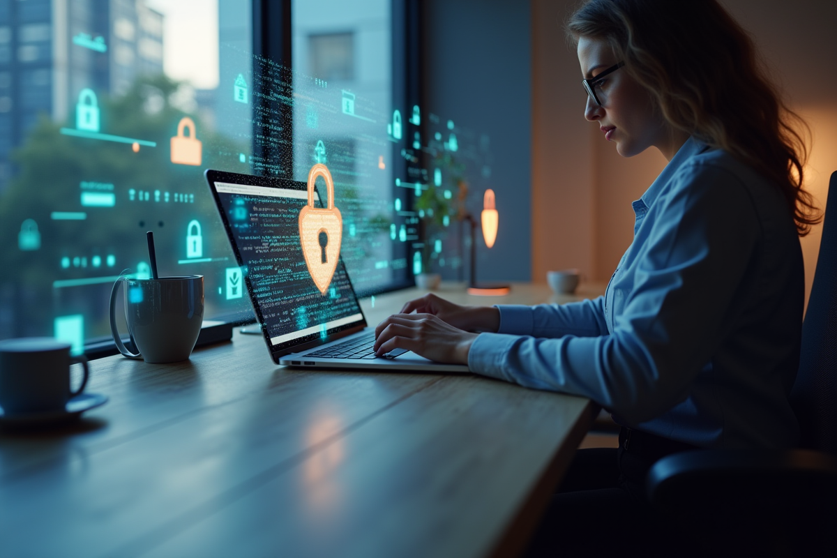 Personne travaillant à un bureau moderne avec icônes de protection des données