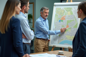 Urbaniste devant une carte de zonage en bureau moderne