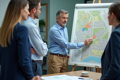 Urbaniste devant une carte de zonage en bureau moderne